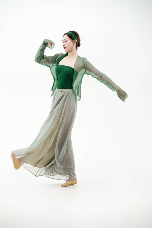 身穿青色古典舞蹈服装手拿蒲扇跳舞的少女图片