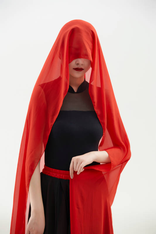 身穿红黑相间的舞蹈长裙翩翩起舞的少女图片