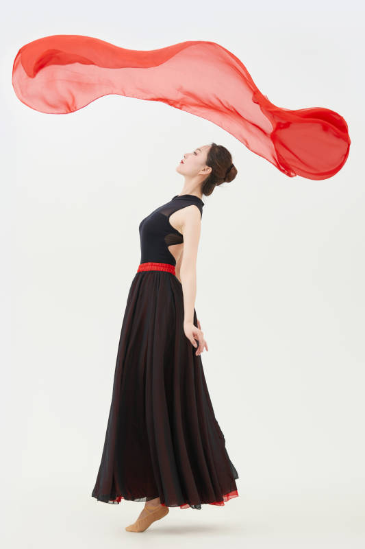 身穿红黑相间的舞蹈长裙翩翩起舞的少女图片