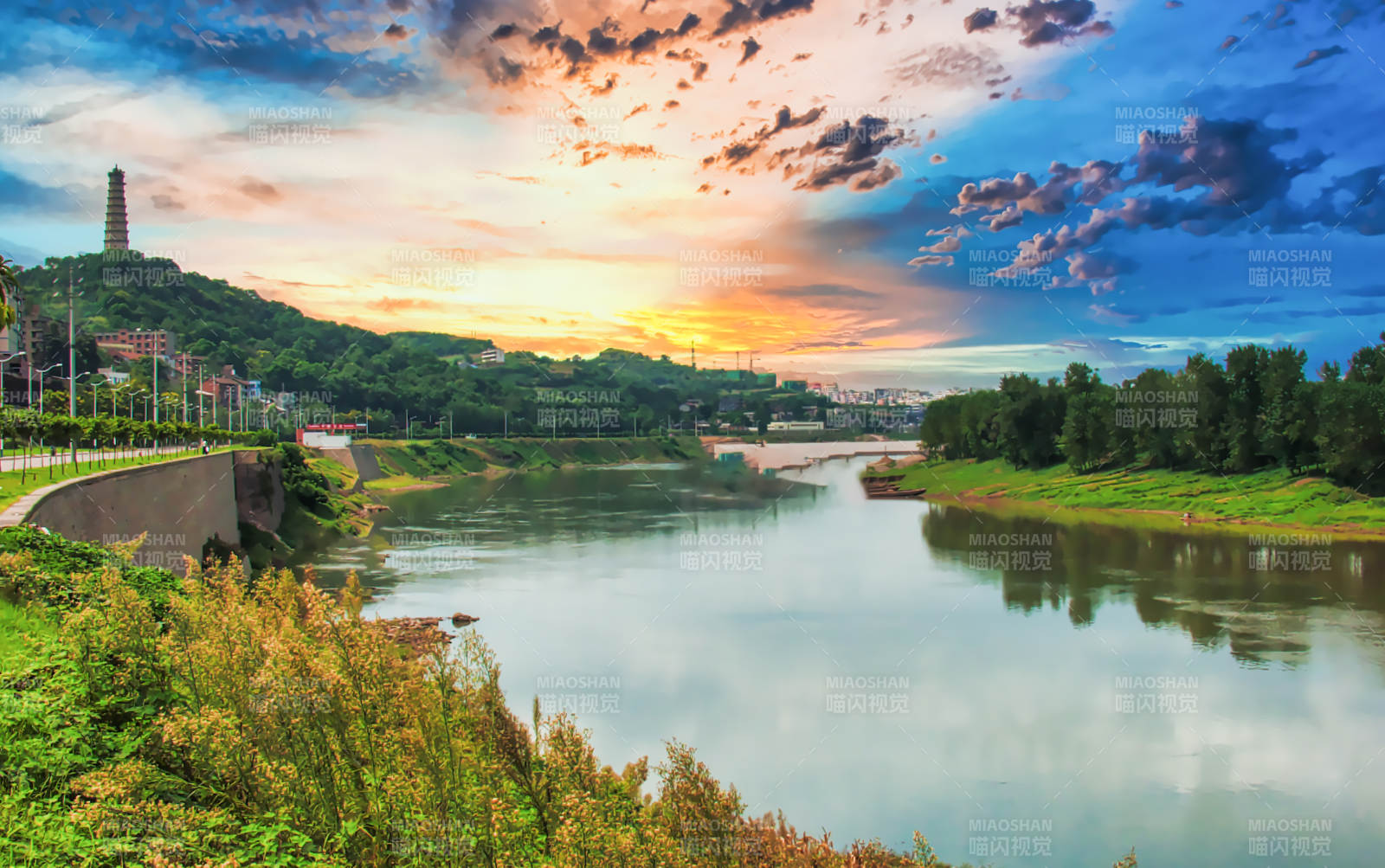 沱江河畔夕阳美图片