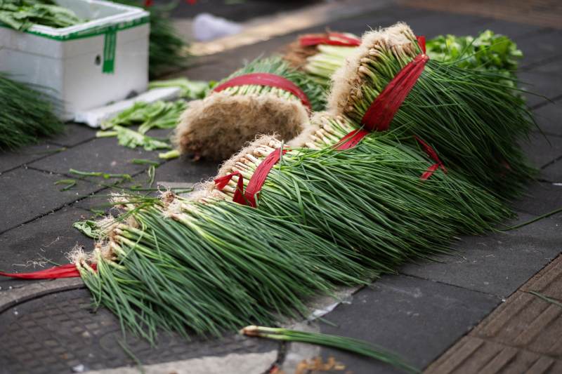 新鲜葱捆整齐摆放图片