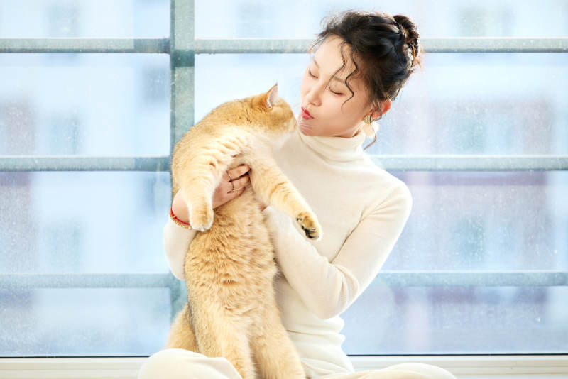 假日在家和猫咪嬉戏的亚洲美女图片