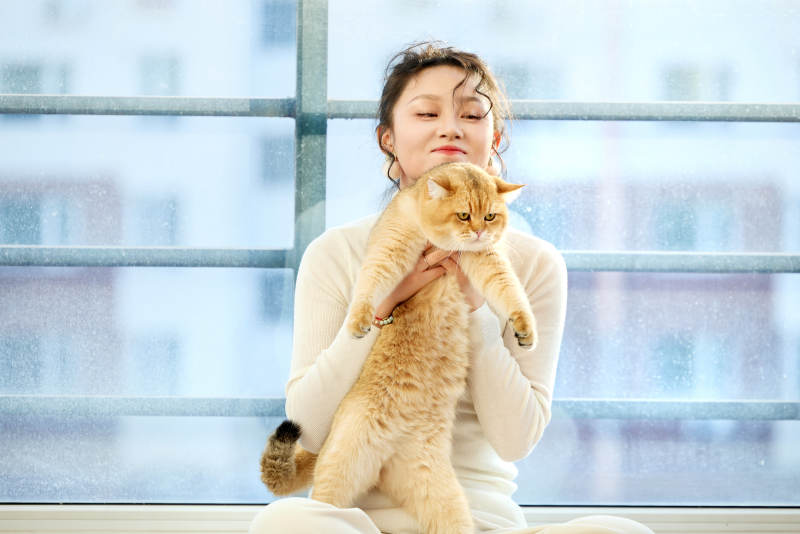 假日在家和猫咪嬉戏的亚洲美女图片