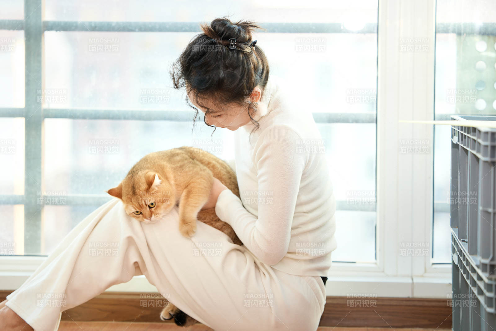 假日在家和猫咪嬉戏的亚洲美女图片