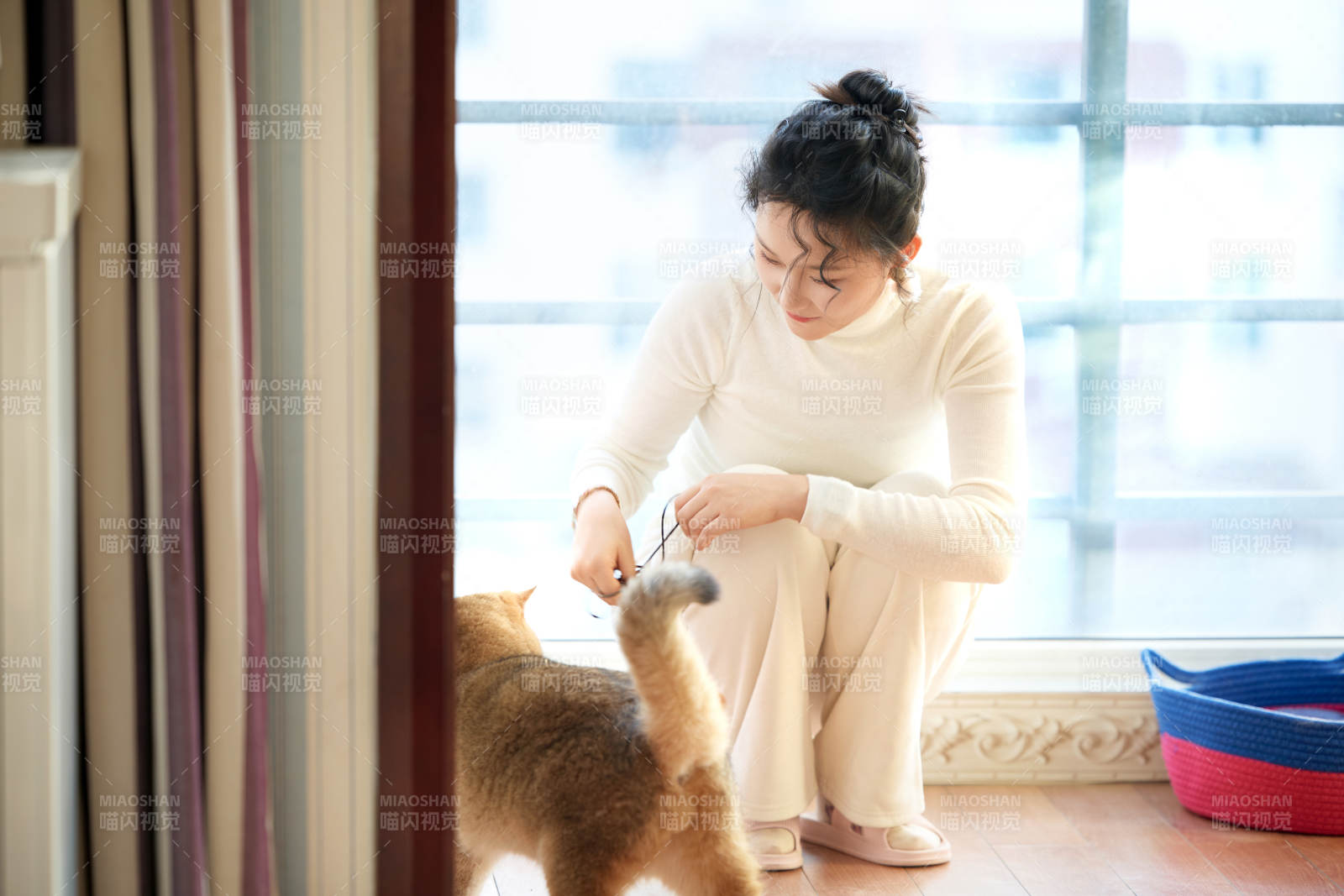 假日在家和猫咪嬉戏的亚洲美女图片