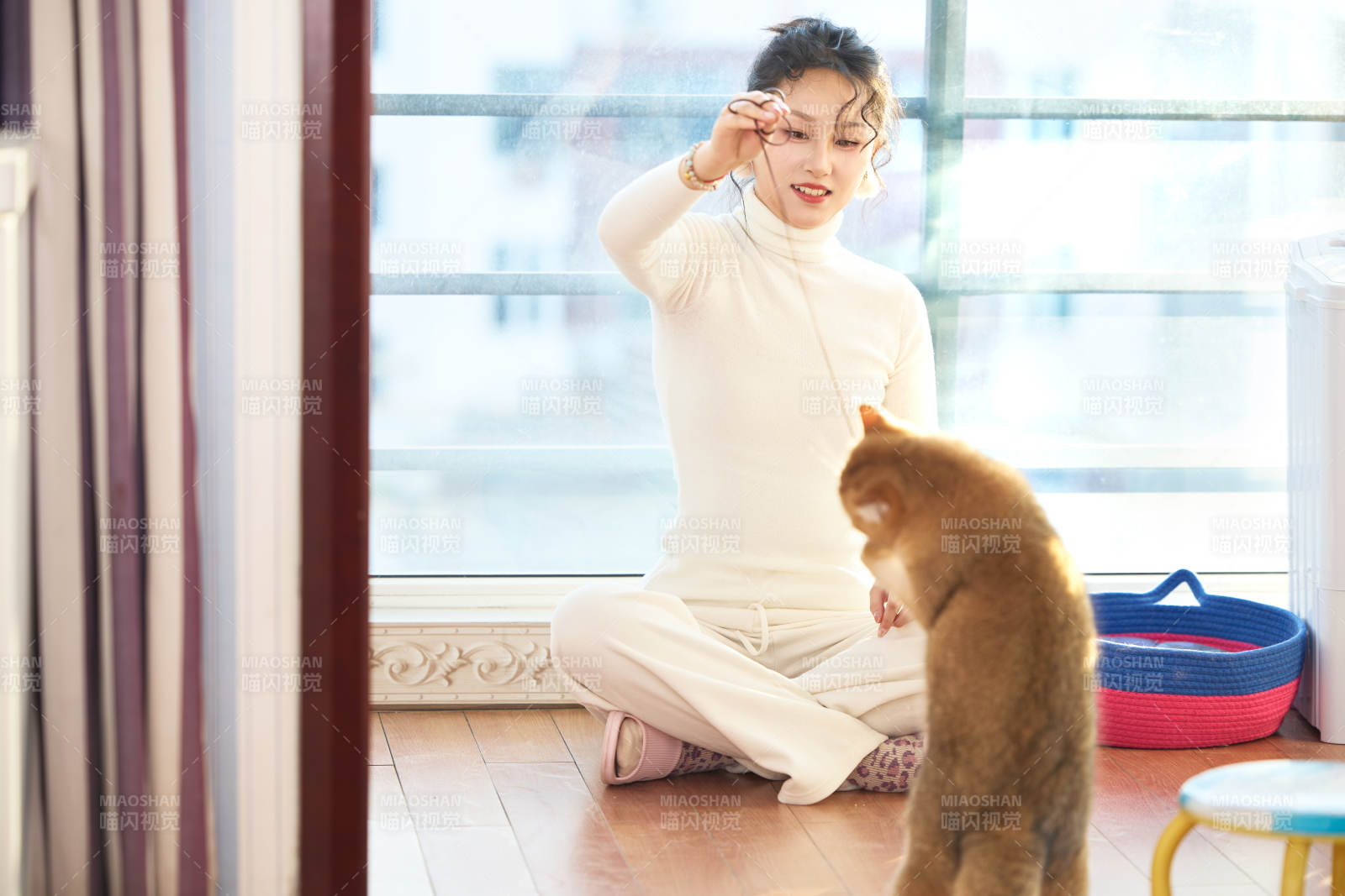 假日在家和猫咪嬉戏的亚洲美女图片