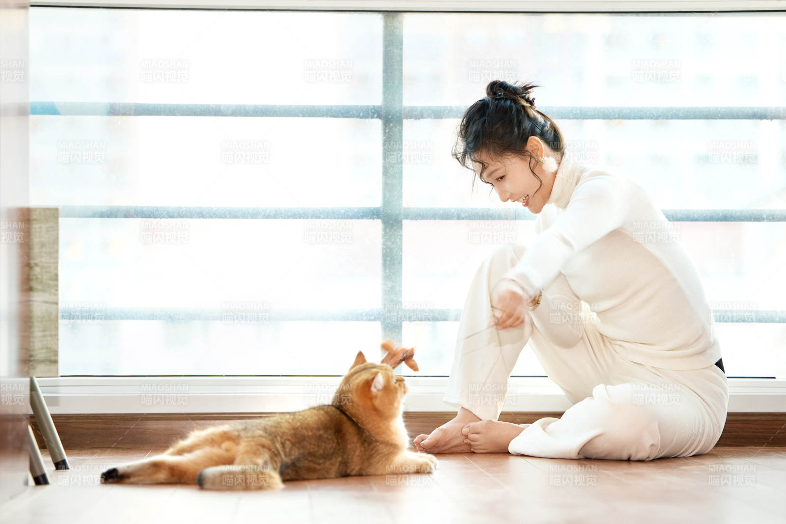 假日在家和猫咪嬉戏的亚洲美女图片