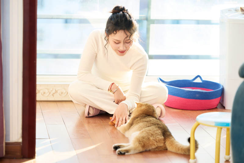 假日在家和猫咪嬉戏的亚洲美女图片