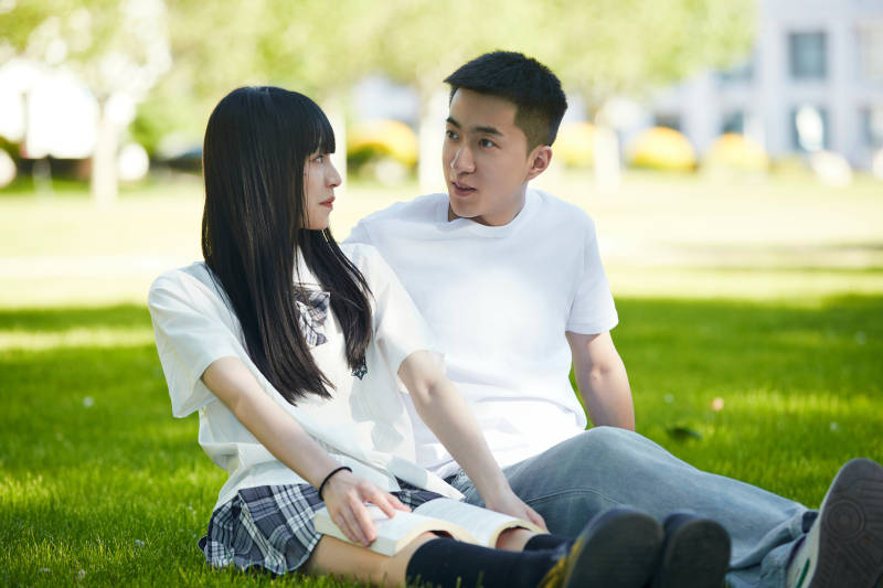 户外草坪上的年轻情侣图片