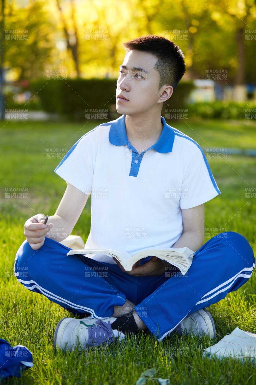 校园户外草坪上备战高考的高中生图片