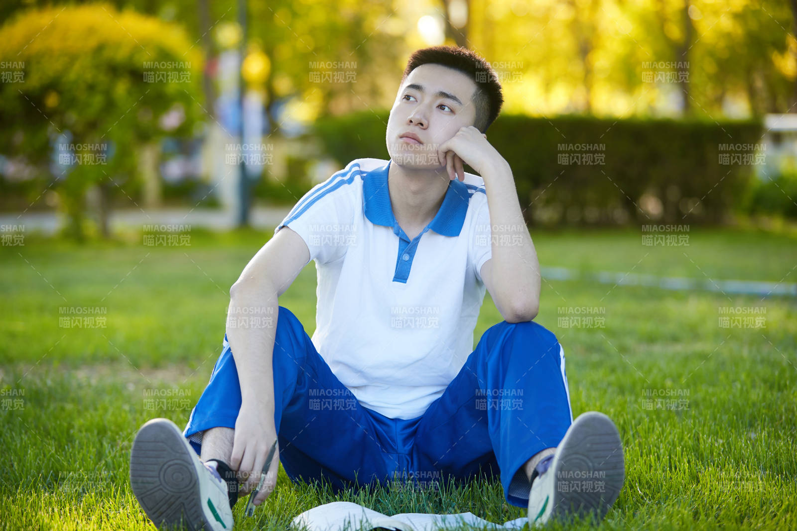 校园户外草坪上备战高考的高中生图片