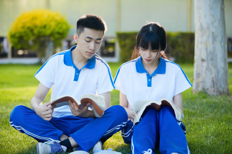 校园户外草坪上备战高考的高中生图片