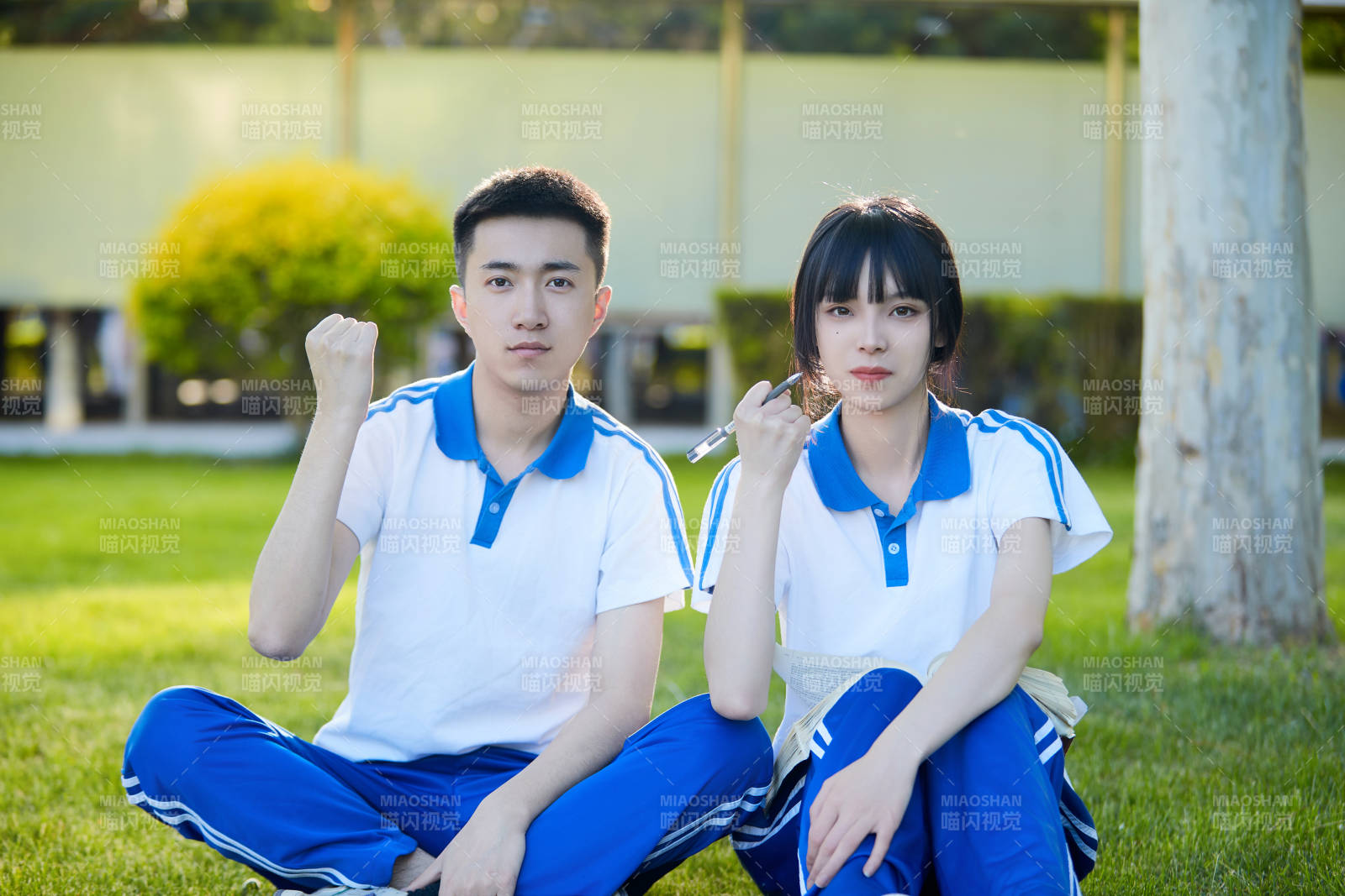 校园户外草坪上备战高考的高中生图片