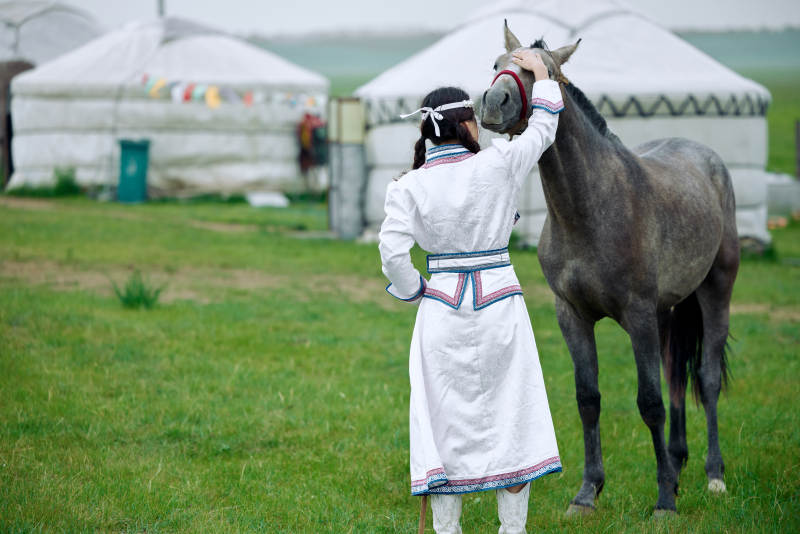 草原上穿着蒙古族服饰牵着马匹的亚洲美女图片