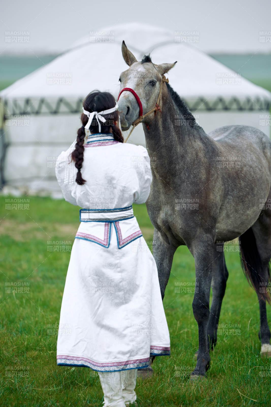 草原上穿着蒙古族服饰牵着马匹的亚洲美女图片