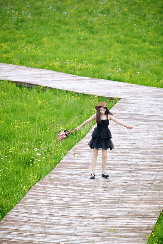 夏季在坝草原草甸拍照打卡的亚洲美女图片
