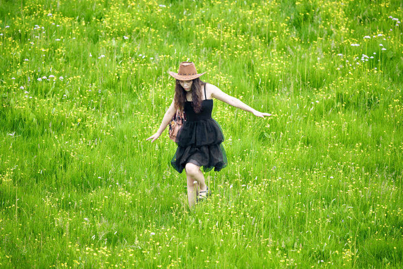 夏季在坝草原草甸拍照打卡的亚洲美女图片