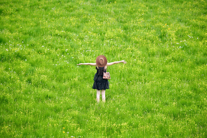 夏季在坝草原草甸拍照打卡的亚洲美女图片