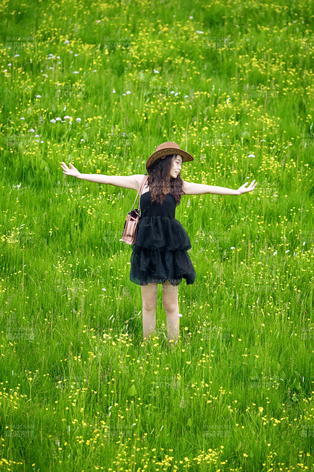 夏季在坝草原草甸拍照打卡的亚洲美女图片