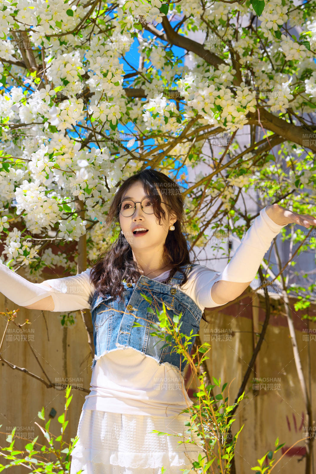 春天在梨花树下拍照的东方美女图片
