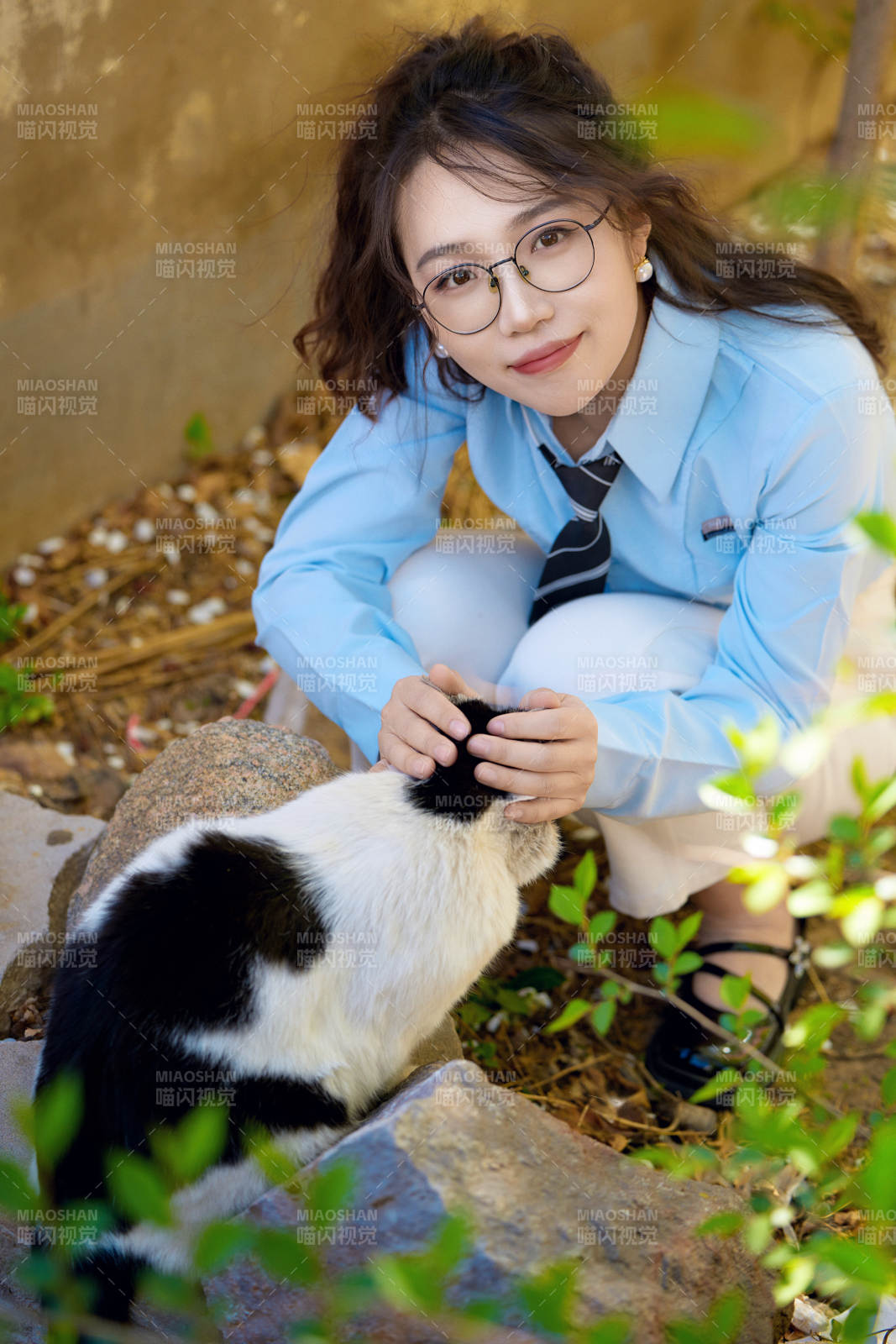 在小区里投喂流浪猫咪的东方女性图片