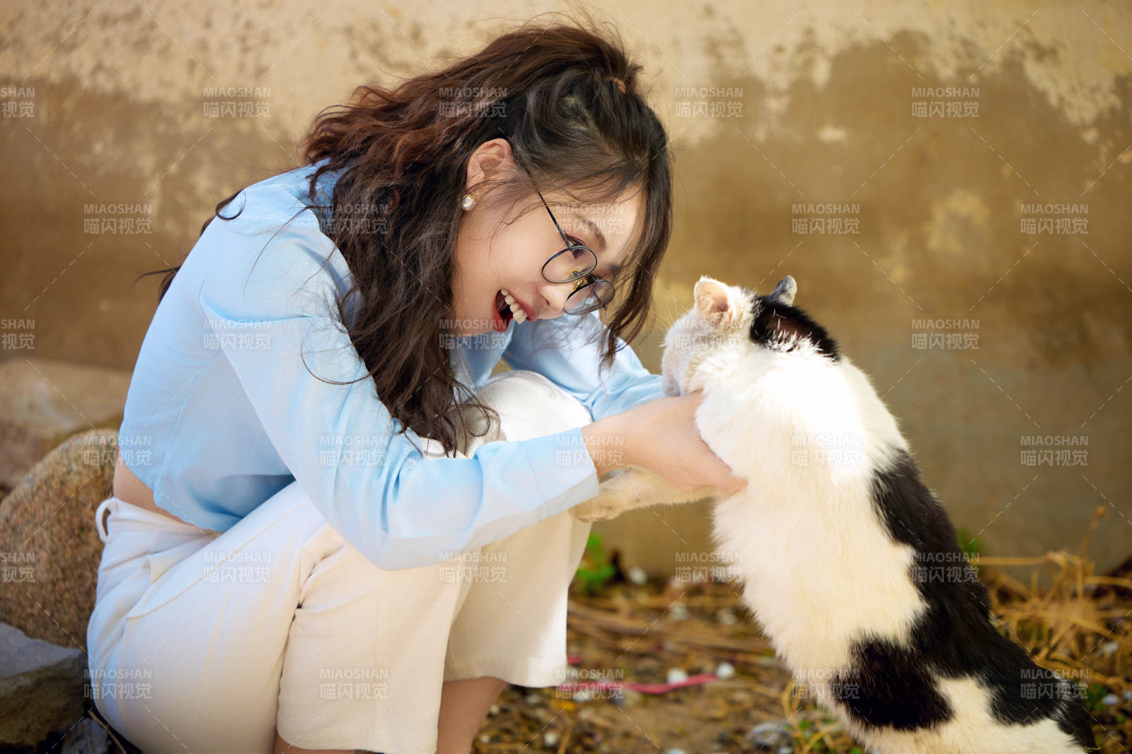 在小区里投喂流浪猫咪的东方女性图片