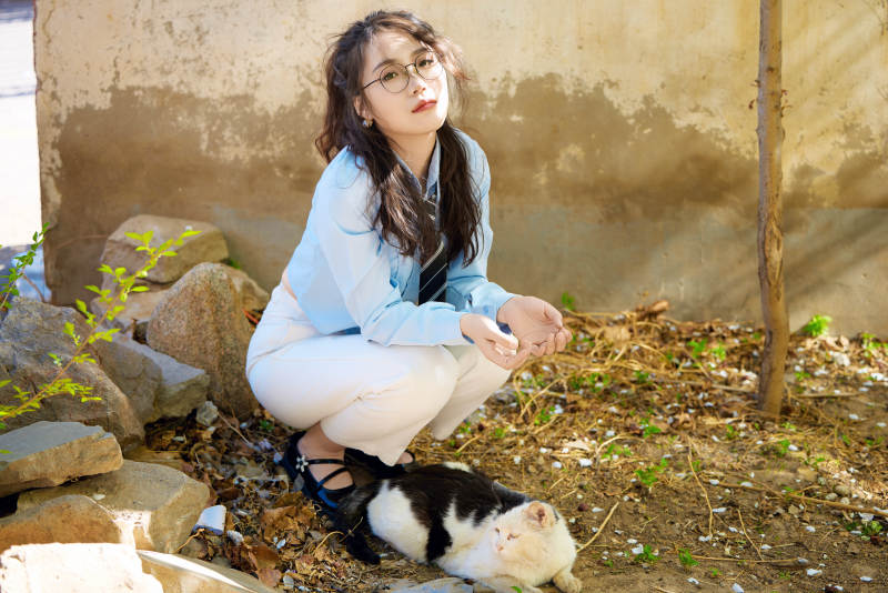 在小区里投喂流浪猫咪的东方女性图片