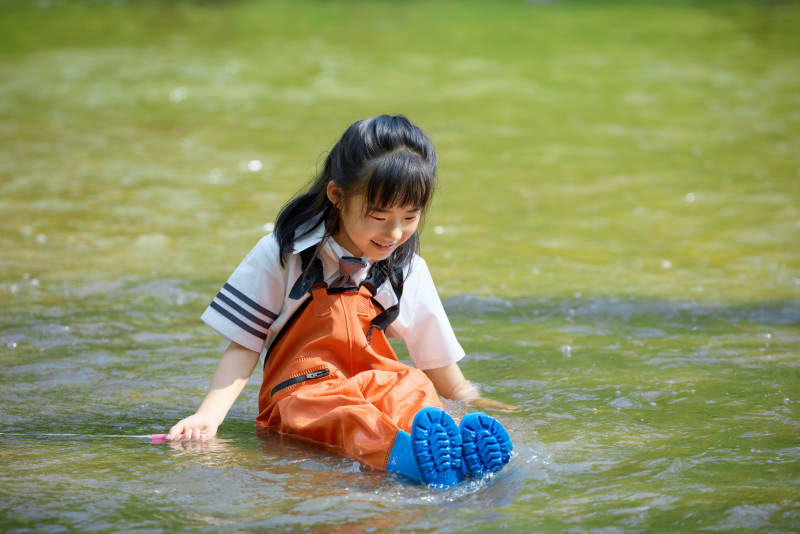 在溪流玩耍捕鱼的可爱亚洲女童图片