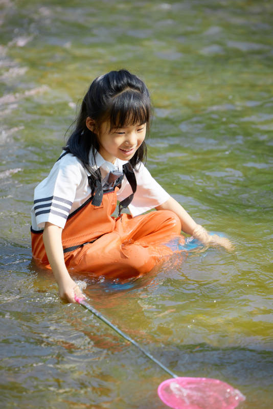 在溪流玩耍捕鱼的可爱亚洲女童图片