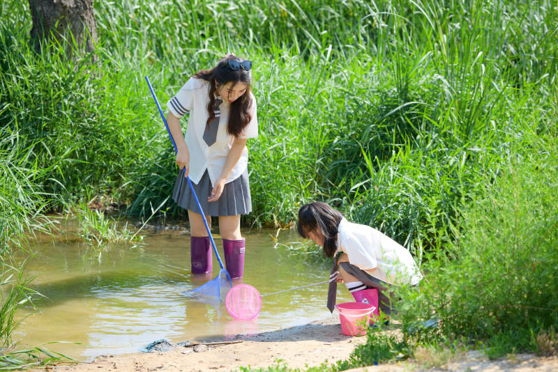 夏天在户外溪流捕捉鱼虾的母女亲子图片