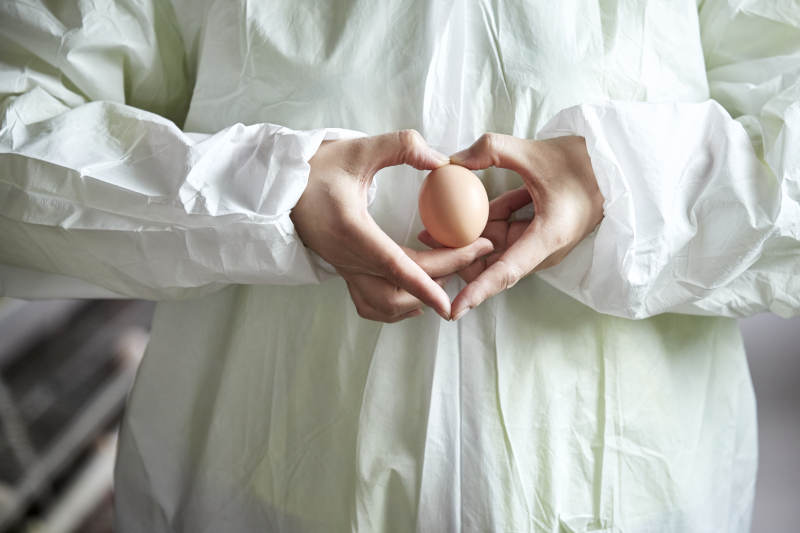 身穿防护服展示油鸡蛋的女性饲养员图片