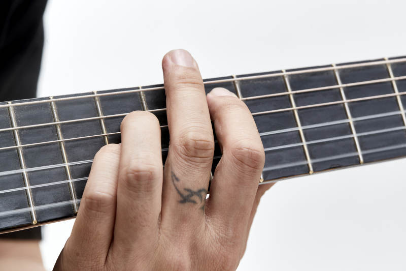 示范演奏古典吉他的亚洲男性乐手人像局部特写图片