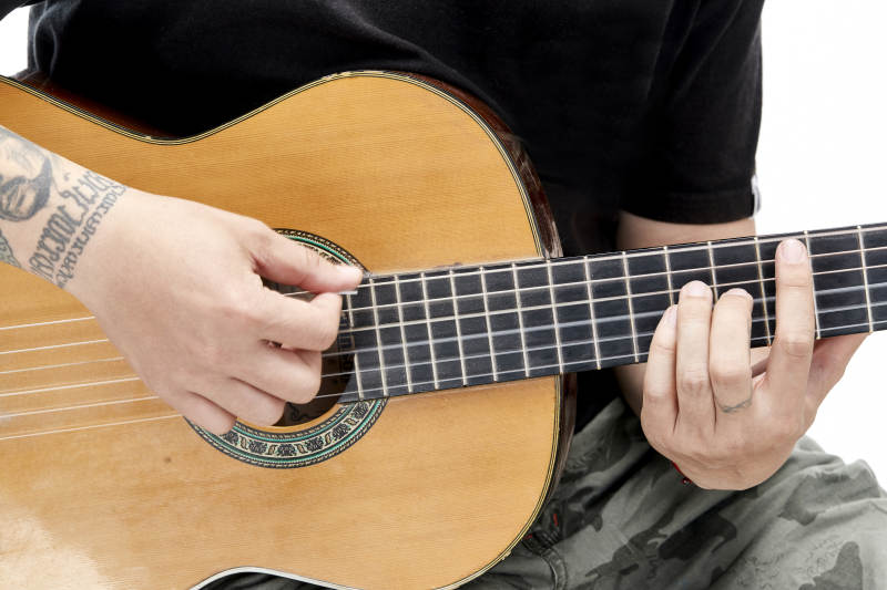 示范演奏古典吉他的亚洲男性乐手人像局部特写图片