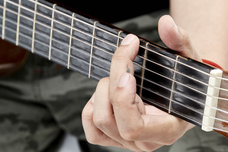 示范演奏古典吉他的亚洲男性乐手人像局部特写图片