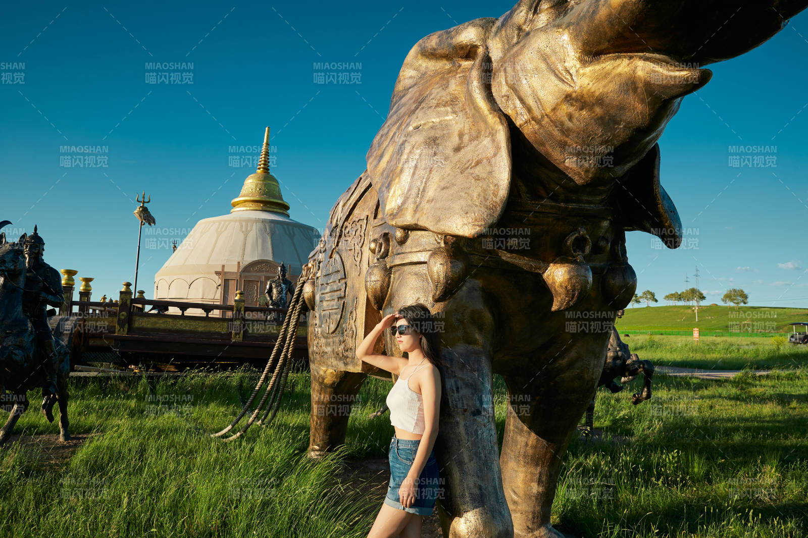 草原湿地公园游玩拍照的亚洲少女图片
