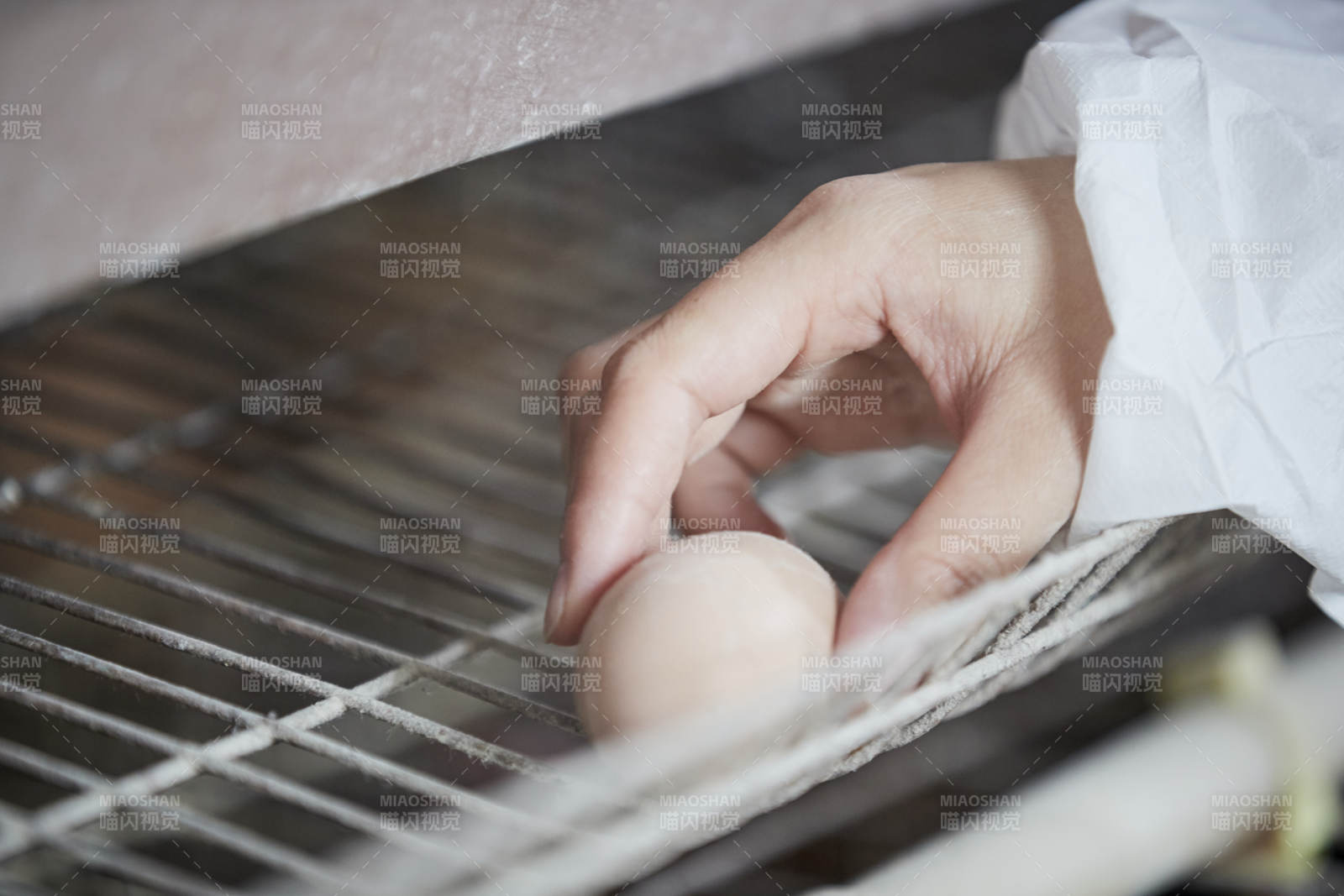 身穿防护服展示油鸡蛋的女性饲养员图片