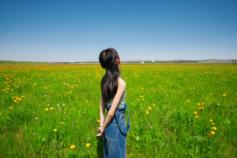 盛夏在草原湿地公园游玩的姑娘图片