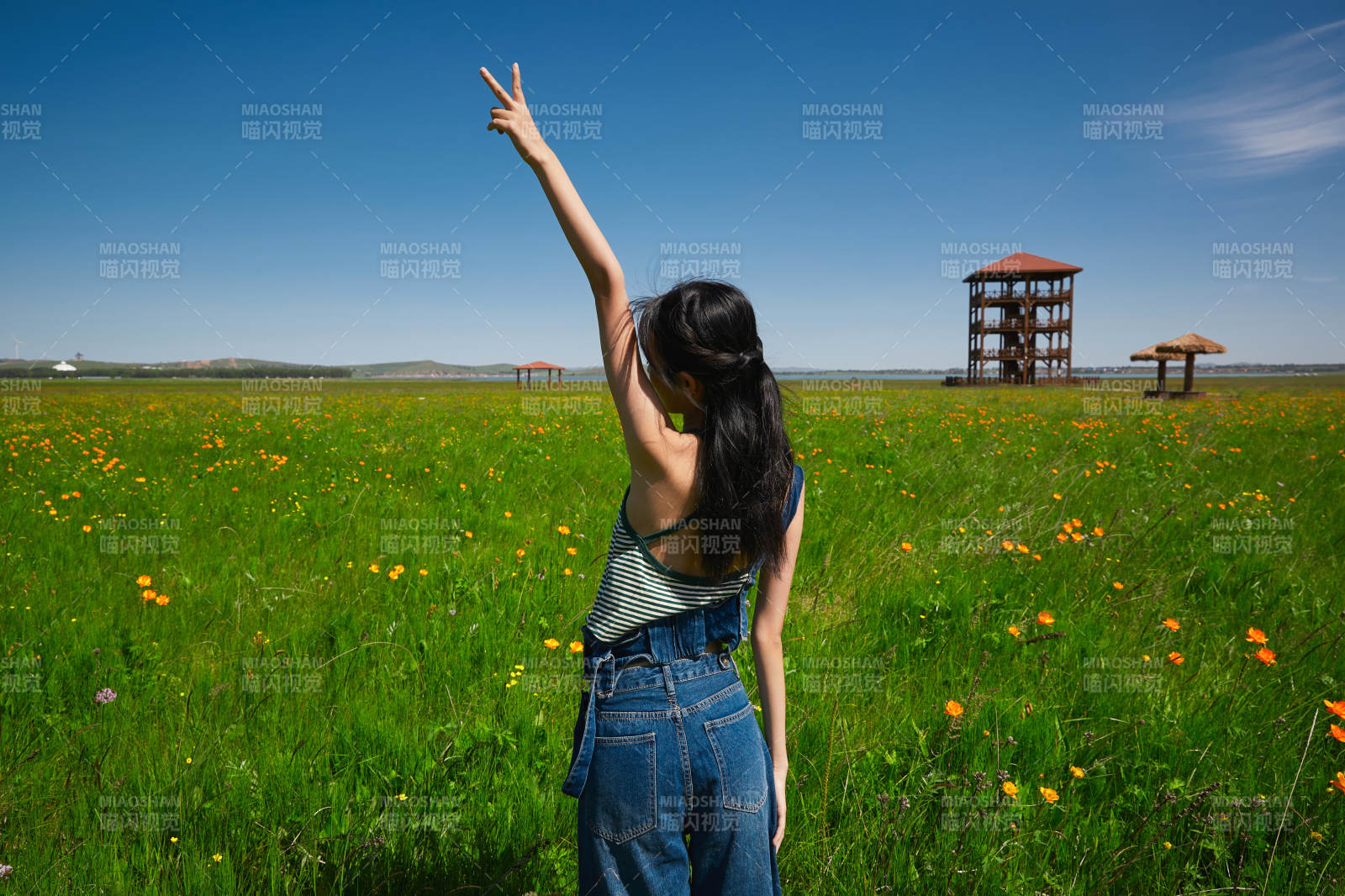 盛夏在草原湿地公园游玩的姑娘图片