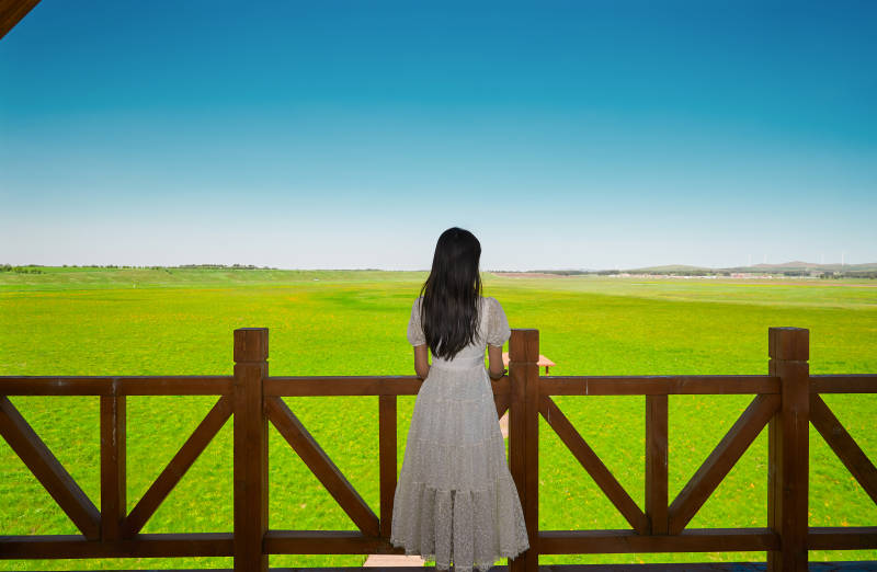 盛夏在草原湿地公园游玩的姑娘图片