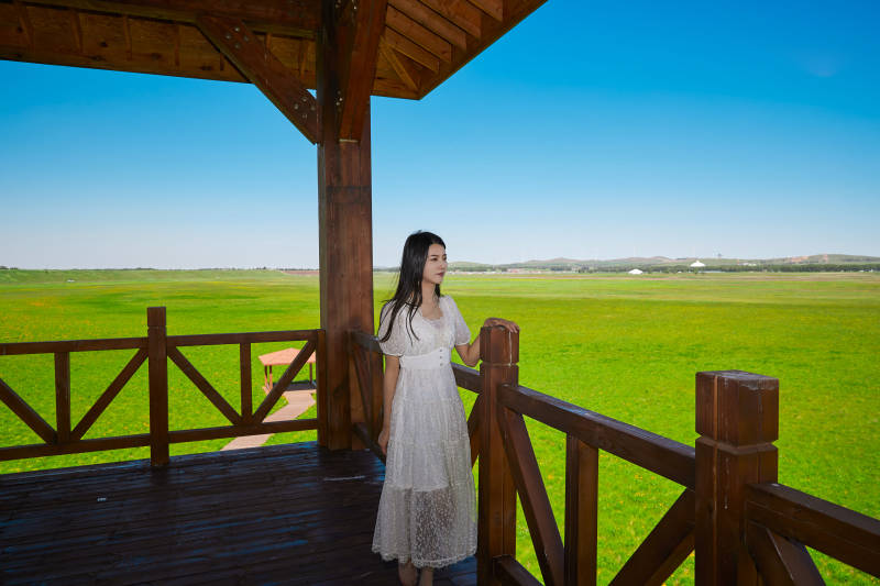 盛夏在草原湿地公园游玩的姑娘图片