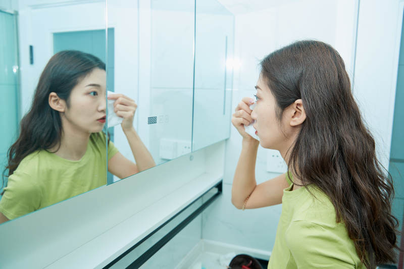 在卫生间对着镜子整理妆容的亚洲少女图片