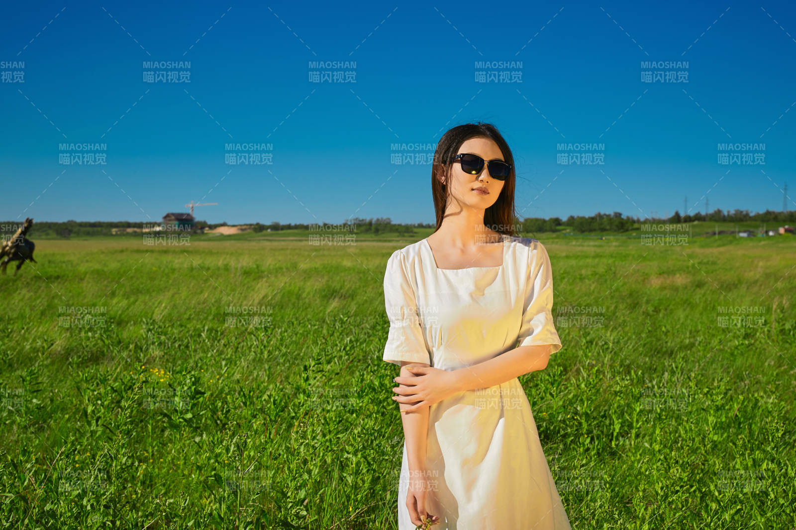 盛夏在草原湿地公园游玩的姑娘图片