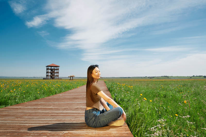盛夏在草原湿地公园游玩的姑娘图片