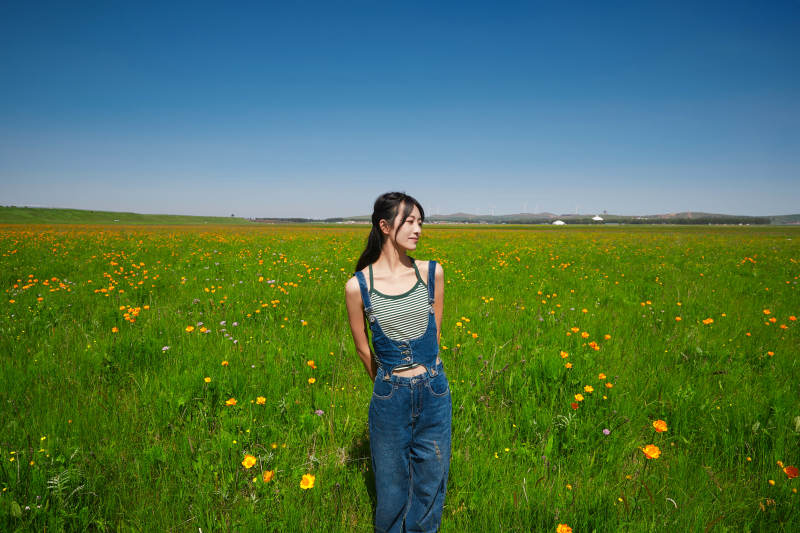 盛夏在草原湿地公园游玩的姑娘图片