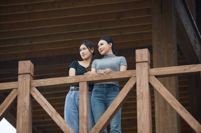 在草原花海观鸟台拍照游玩的美女闺蜜图片