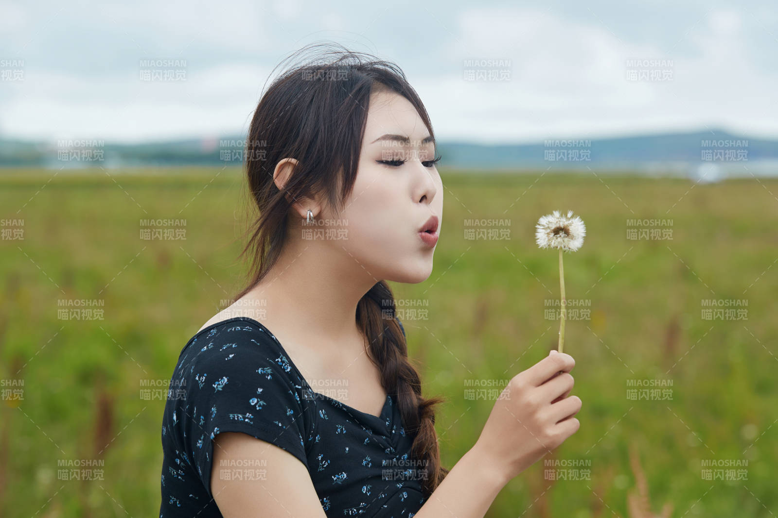 盛夏在草原花海拍照游玩的美女图片