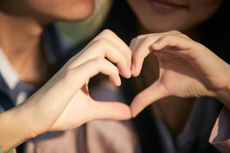 相互用手比爱心表达爱意的情侣图片