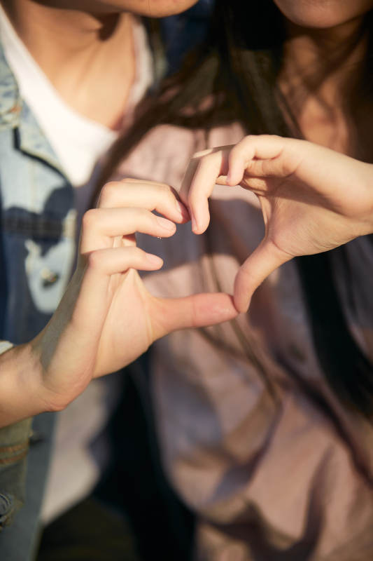 相互用手比爱心表达爱意的情侣图片