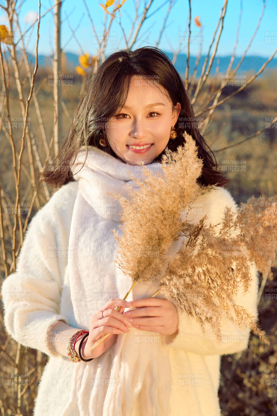 秋天午后在金灿灿的芦苇荡里的亚洲美女图片