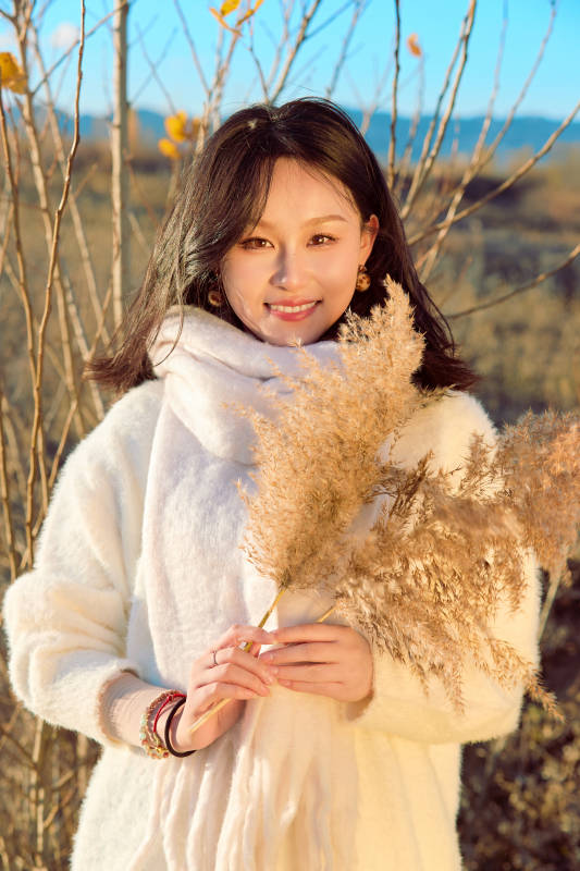 秋天午后在金灿灿的芦苇荡里的亚洲美女图片